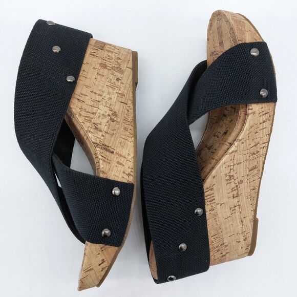 Esprit Black Cork Wedge Slide Sandals Women’s Sz 9M Criss Cross Canvas Platform - Picture 8 of 11